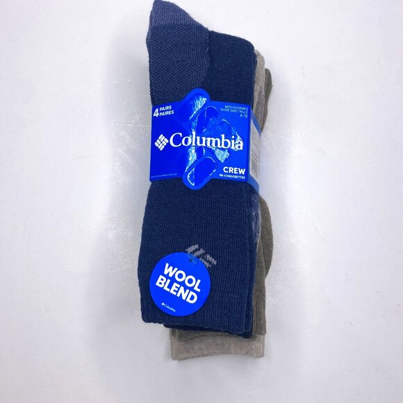 Columbia NWT, men's wool blend crew socks, 4 pairs, sizes 6-12, nvy/blk/brn/kha. - Picture 1 of 6